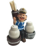 Nautical Sailor Figurine Resin Salt & Pepper Shaker Bottles with Toothpick Holder Set