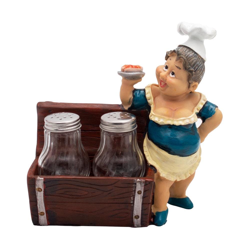 Lady Chef Figurine Resin Salt & Pepper Shakers in Treasure Trunk Holder Set (Brown)