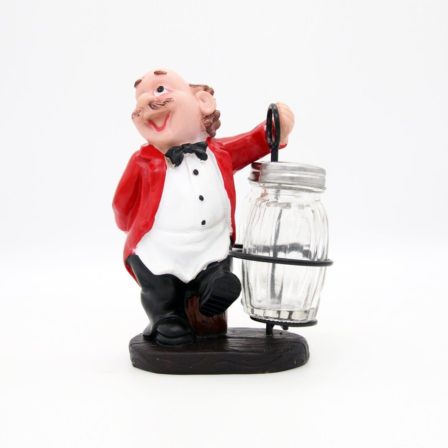 Whacky Waiter Figurine Resin Salt & Pepper Shakers Holder Set (Red Coat)