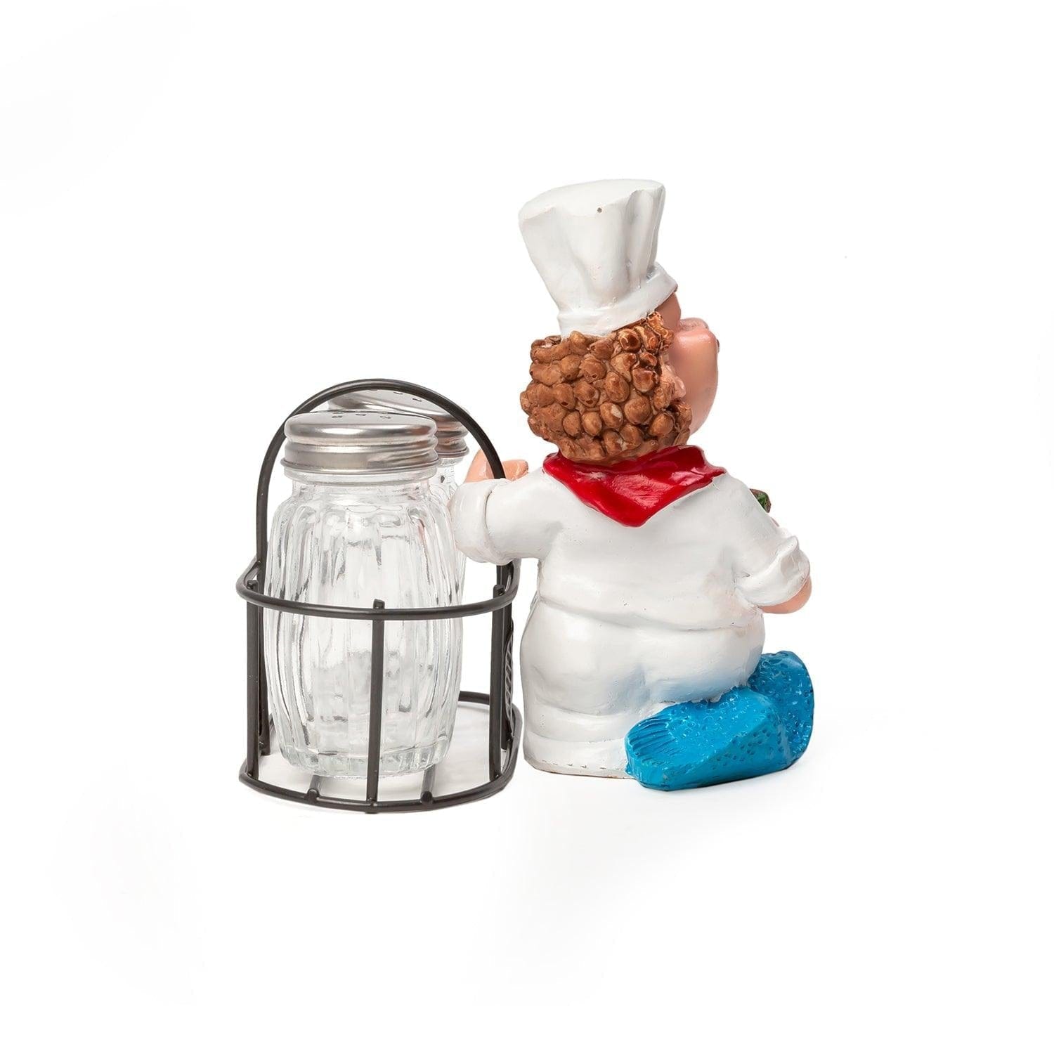 Foodie Chef Figurine Resin Salt & Pepper Shakers Holder Set (Blue Pants - Side Hold)