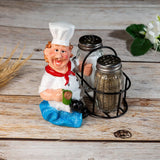 Foodie Chef Figurine Resin Salt & Pepper Shakers Holder Set (Blue Pants - Side Hold)