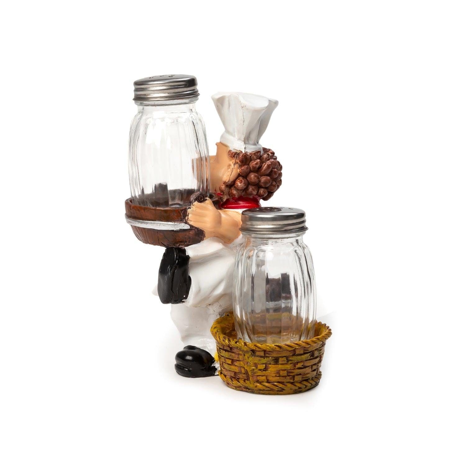 Foodie Chef Figurine Resin Salt & Pepper Shakers with Toothpick Holder Set (Brown Baskets)