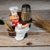 Foodie Chef Figurine Resin Salt & Pepper Shakers with Toothpick Holder Set (Brown Baskets)