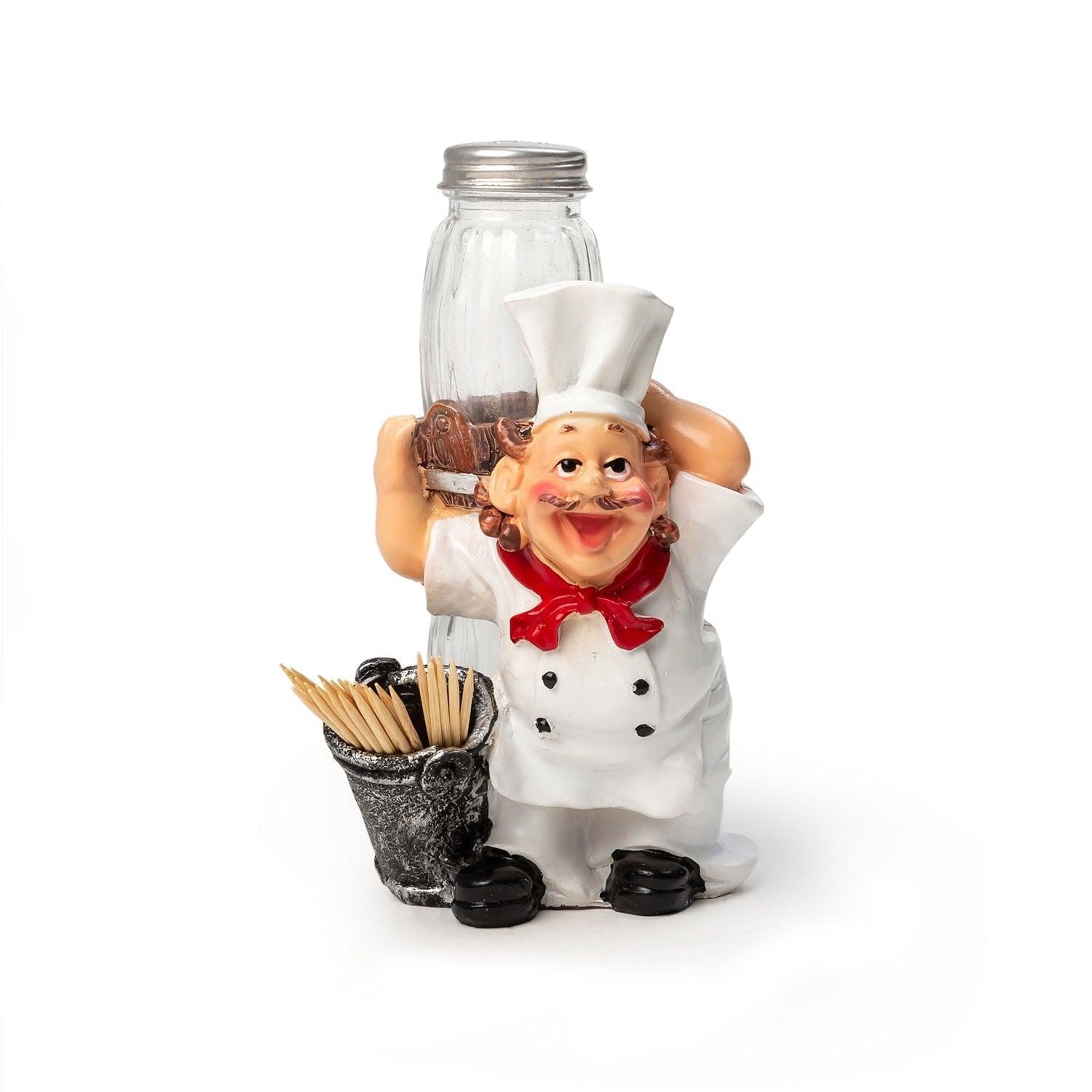 Foodie Chef Figurine Resin Salt & Pepper Shakers with Toothpick Holder Set (Silver Pail)