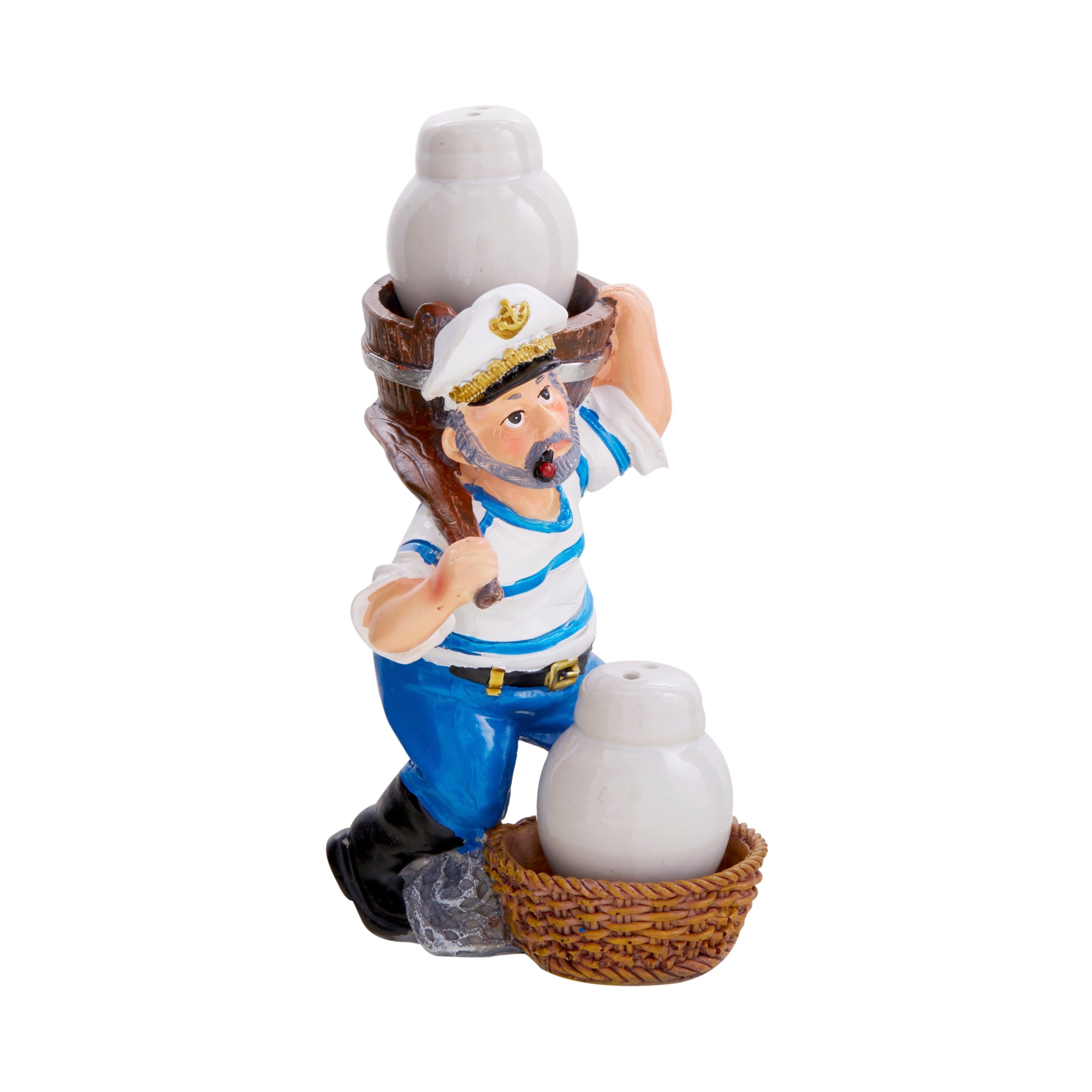 Natucal Sailor Figurine Resin Salt & Pepper Shakers Holder Set (White)