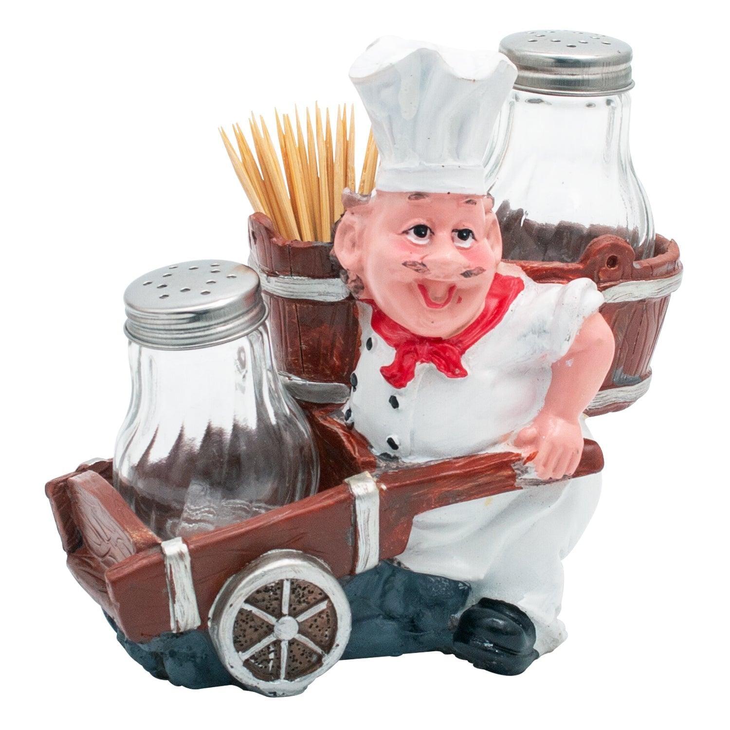 Foodie Chef Figurine Resin Salt & Pepper Shakers with Toothpick Holder Set (Cart On Side)