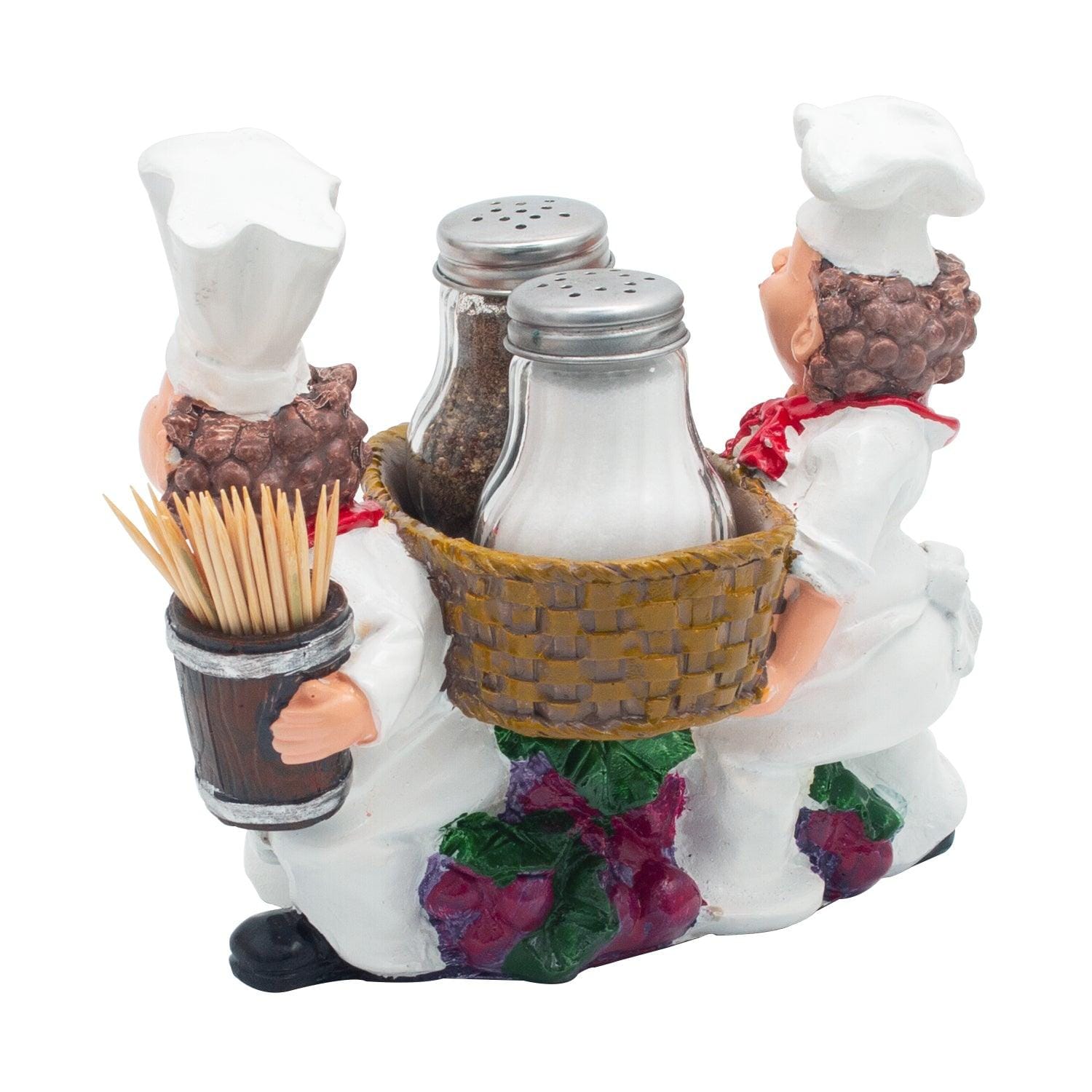 Foodie Chefs Figurine Resin Salt & Pepper Shakers in Basket Holder Set