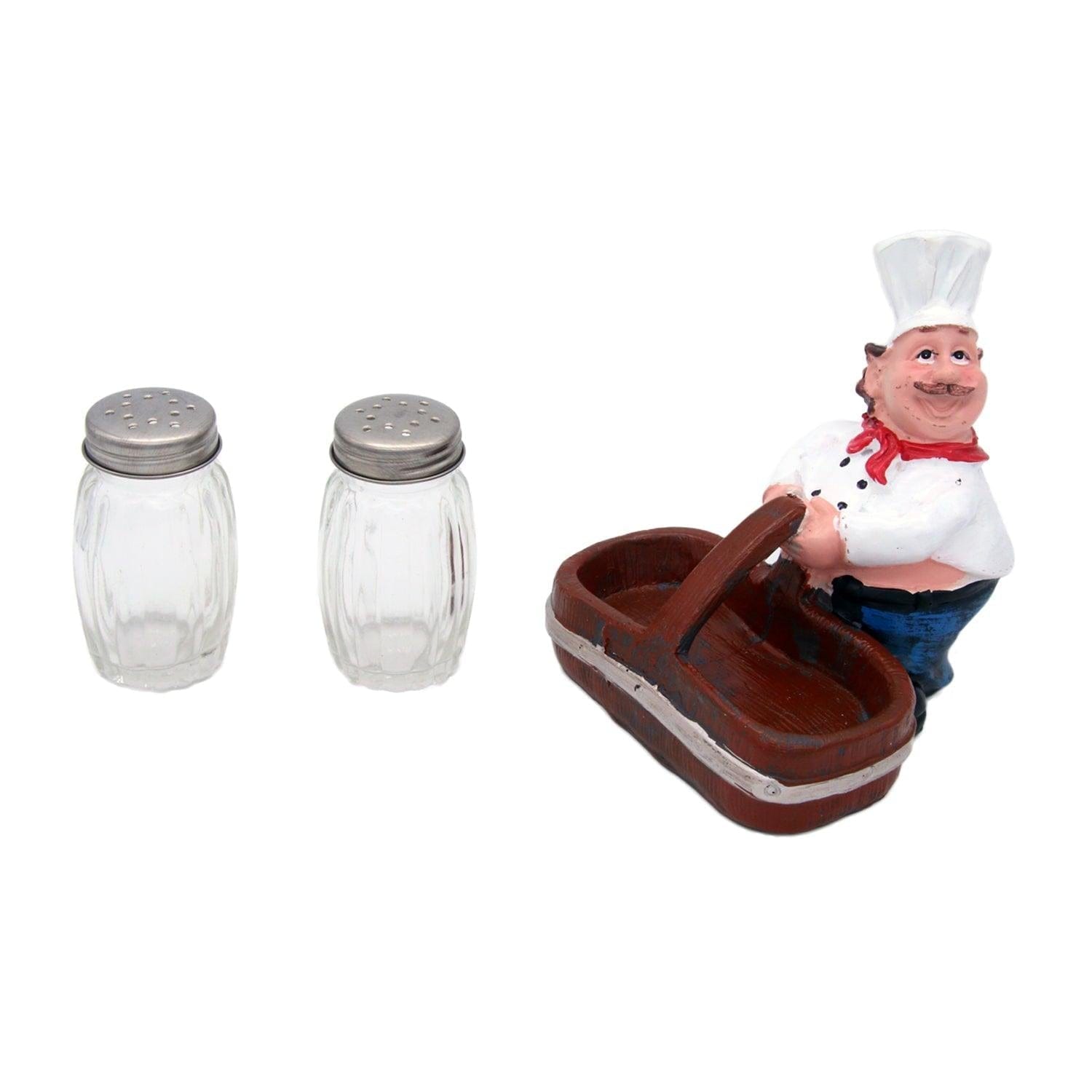 Foodie Chef Figurine Resin Salt & Pepper Shakers in Brown Basket Holder Set