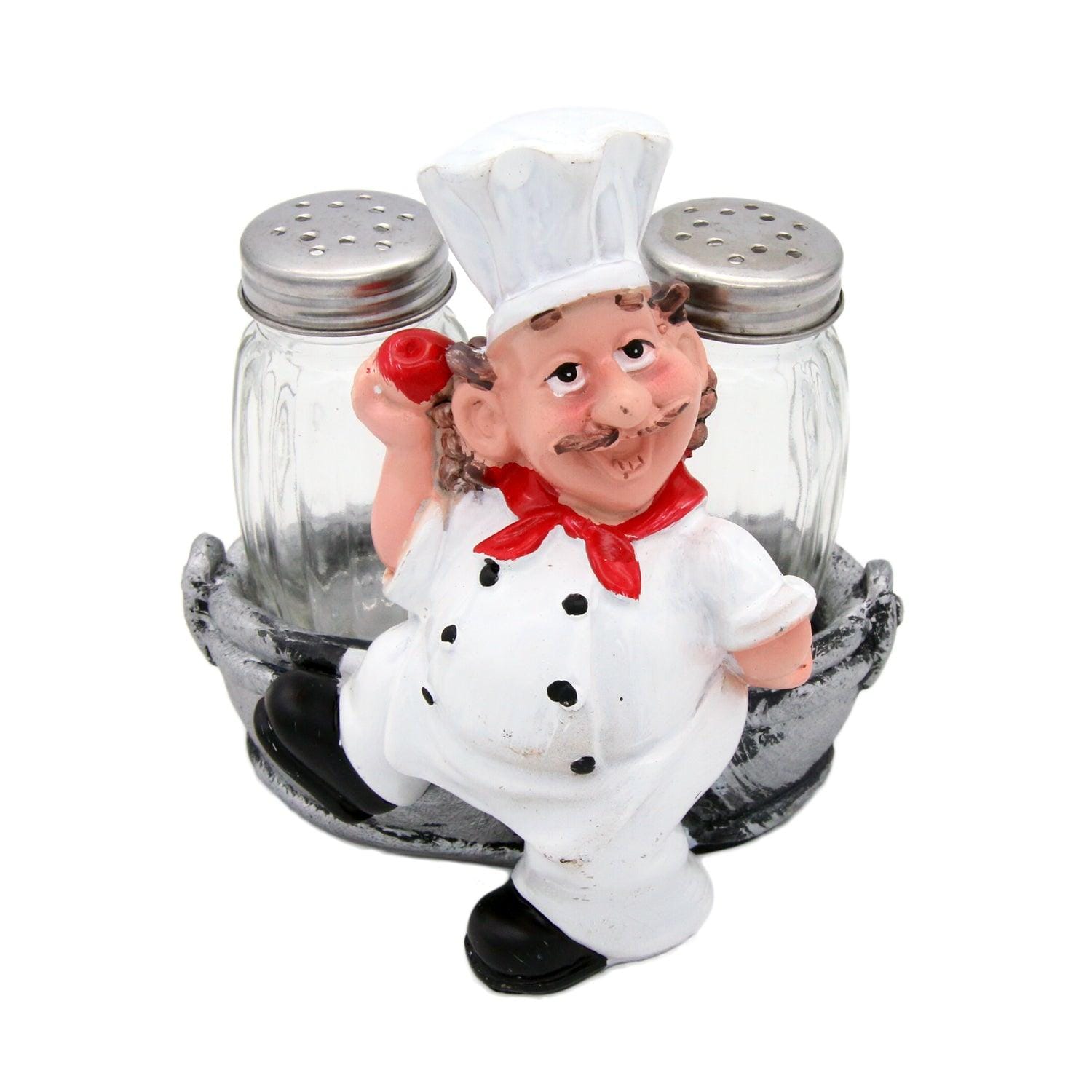 Foodie Chef Figurine Resin Salt & Pepper Shakers in Silver Basket Holder Set
