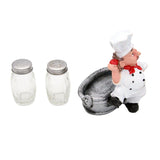 Foodie Chef Figurine Resin Salt & Pepper Shakers in Silver Basket Holder Set