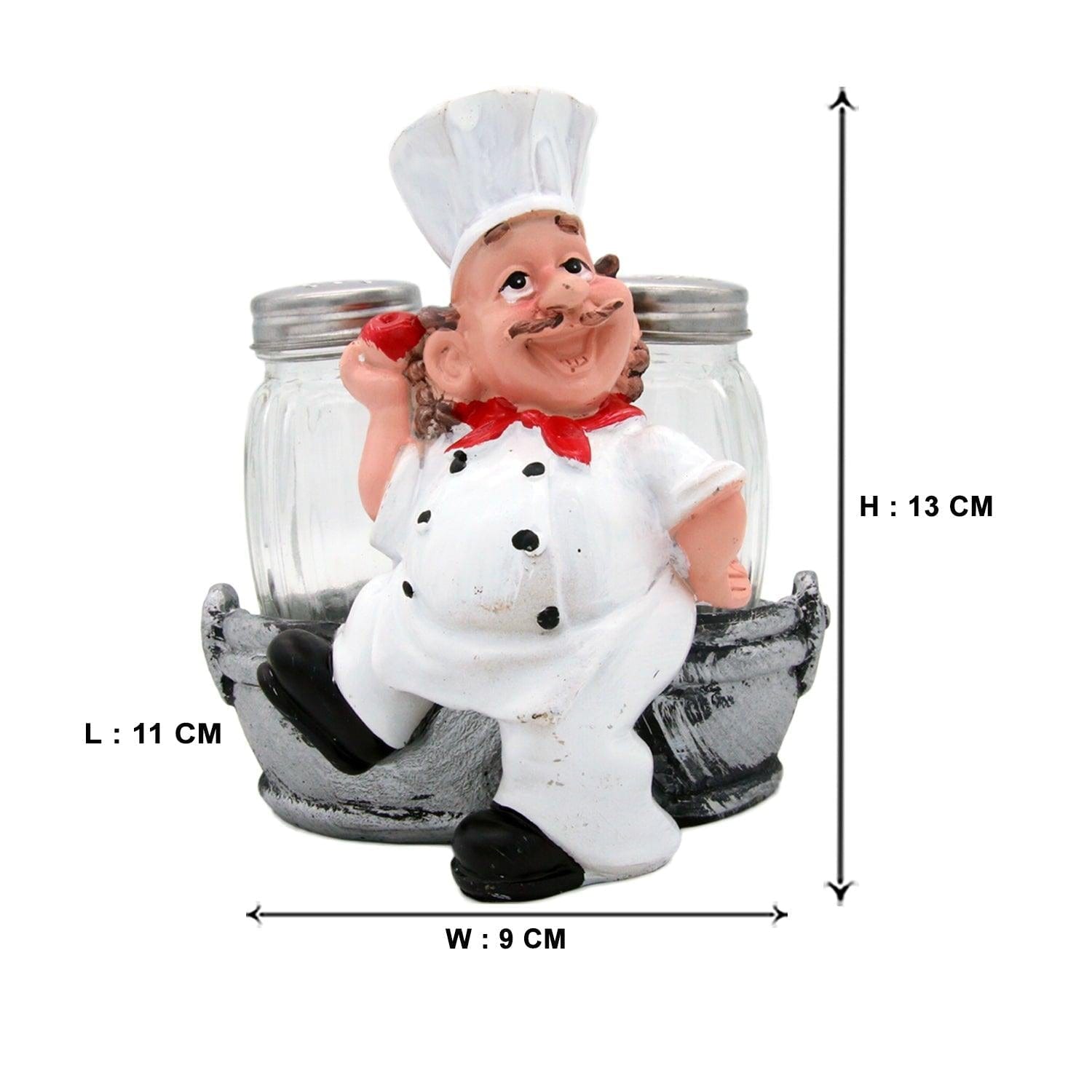 Foodie Chef Figurine Resin Salt & Pepper Shakers in Silver Basket Holder Set
