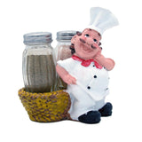 Foodie Chef Figurine Resin Salt & Pepper Shakers in Cane Basket Holder Set