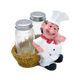 Foodie Chef Figurine Resin Salt & Pepper Shakers in Cane Basket Holder Set