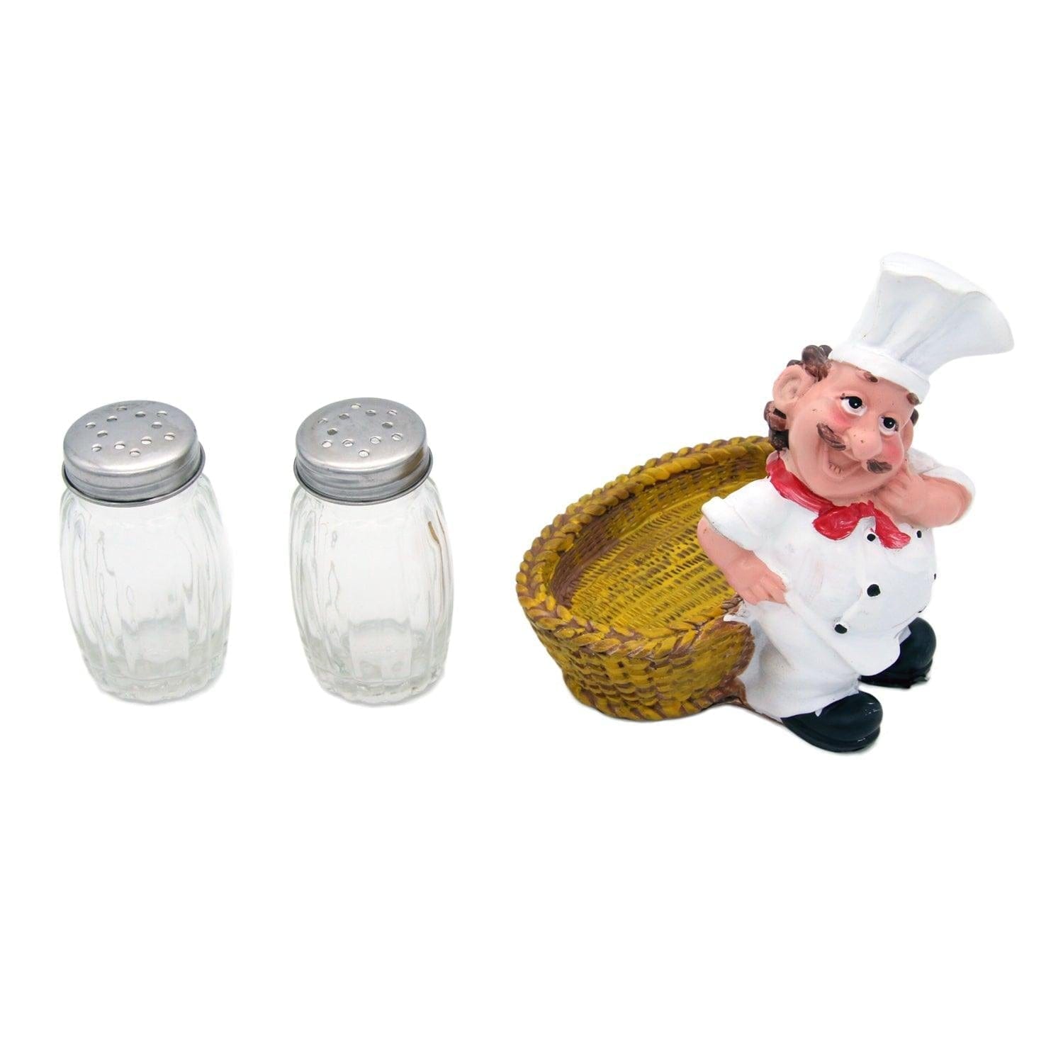 Foodie Chef Figurine Resin Salt & Pepper Shakers in Cane Basket Holder Set