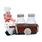 Foodie Chef Figurine Resin Salt & Pepper Shakers in Pull Cart Holder Set