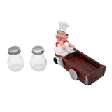 Foodie Chef Figurine Resin Salt & Pepper Shakers in Pull Cart Holder Set