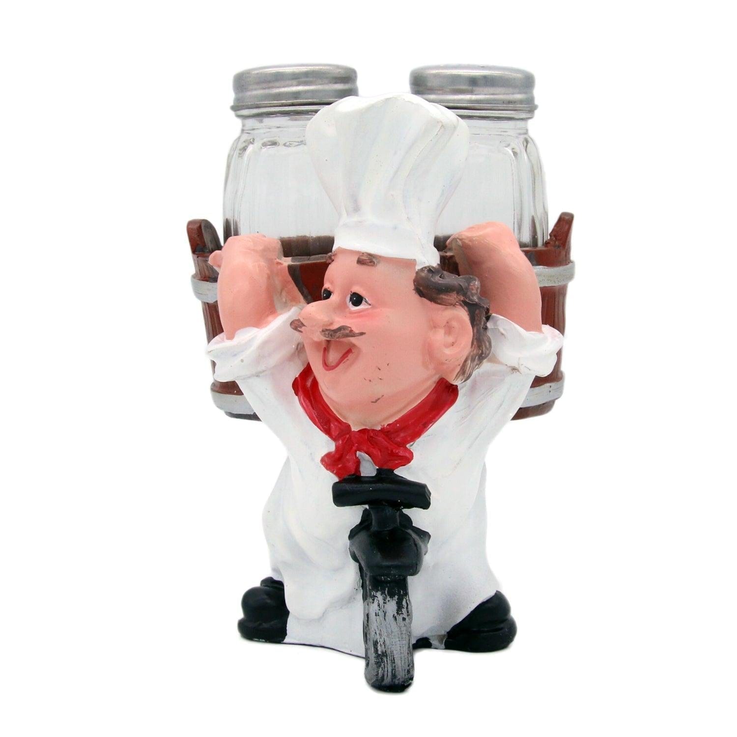 Foodie Chef Figurine Resin Salt & Pepper Shakers Holder Set (On Cycle Basket)