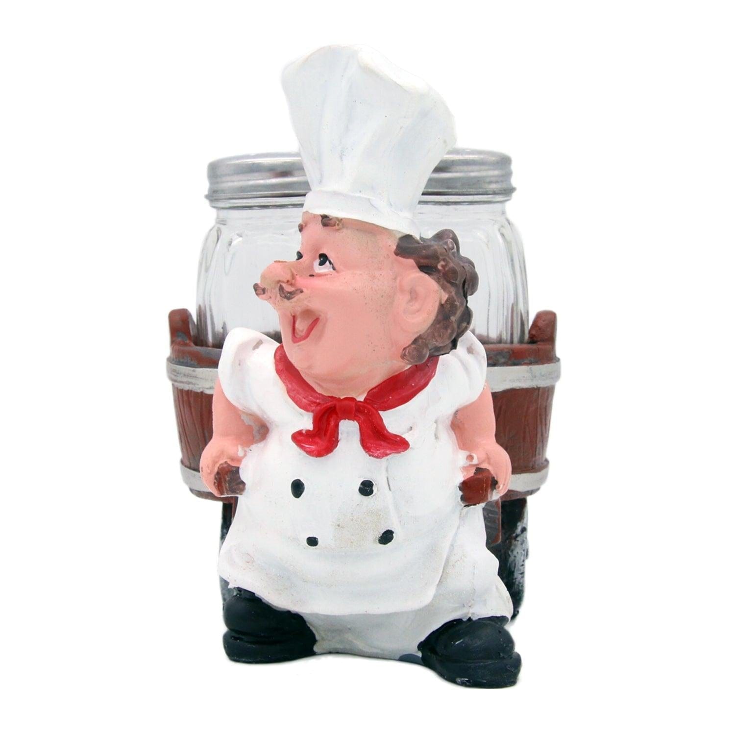 Foodie Chef Figurine Resin Salt & Pepper Shakers Holder Set (On Pull Cart)