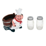 Foodie Chef Figurine Resin Salt & Pepper Shakers Holder Set (On Pull Cart)