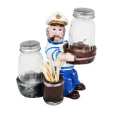 Sitting Sailor Figurine Resin Salt & Pepper Shakers Holder Set (White & Blue)