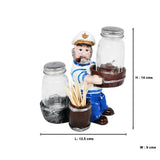 Sitting Sailor Figurine Resin Salt & Pepper Shakers Holder Set (White & Blue)