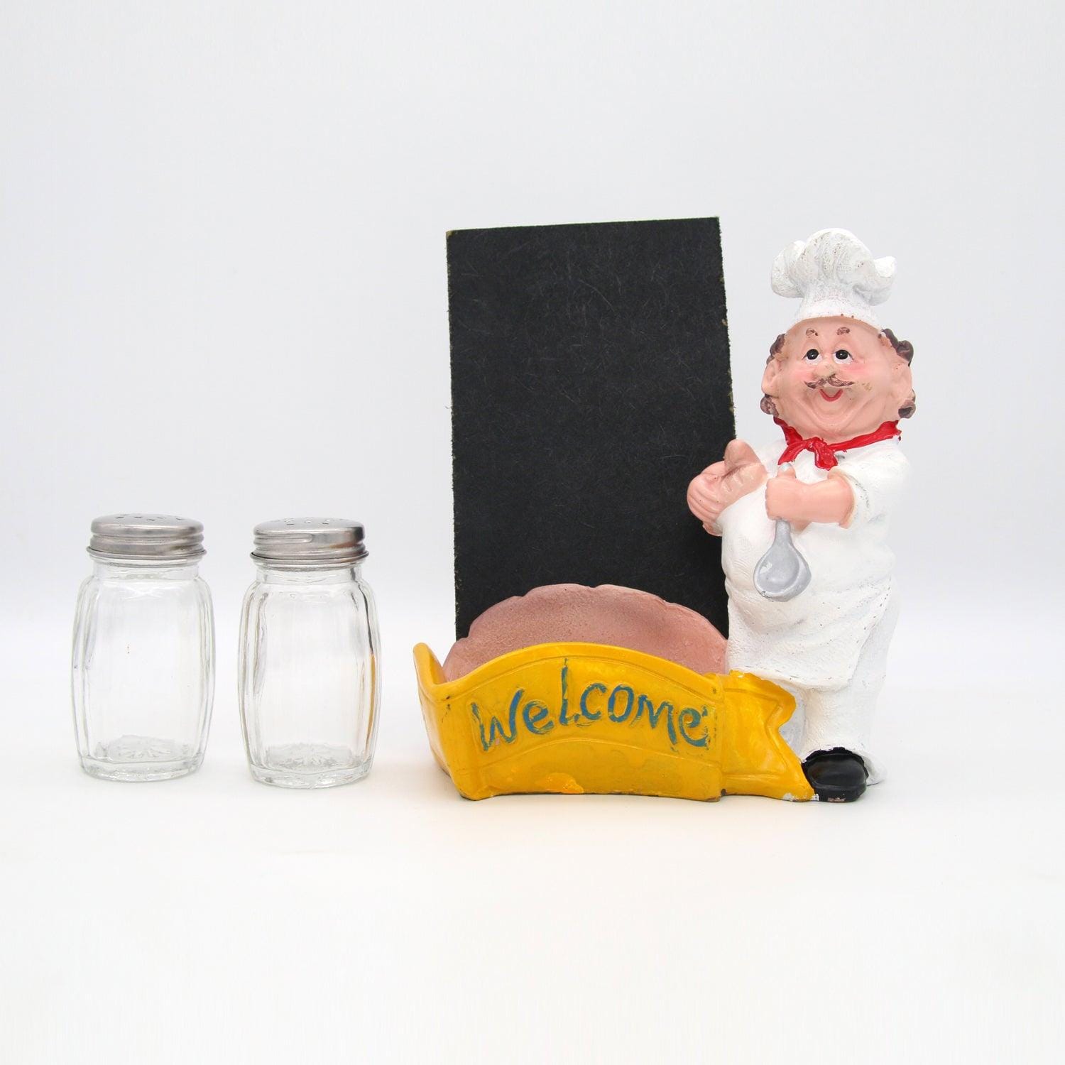 Cute Chef Figurine Resin Salt & Pepper Shakers with Chalkboard Holder Set (Yellow Basket)