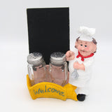 Cute Chef Figurine Resin Salt & Pepper Shakers with Chalkboard Holder Set (Yellow Basket)