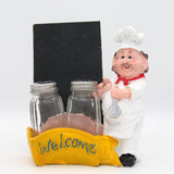 Cute Chef Figurine Resin Salt & Pepper Shakers with Chalkboard Holder Set (Yellow Basket)