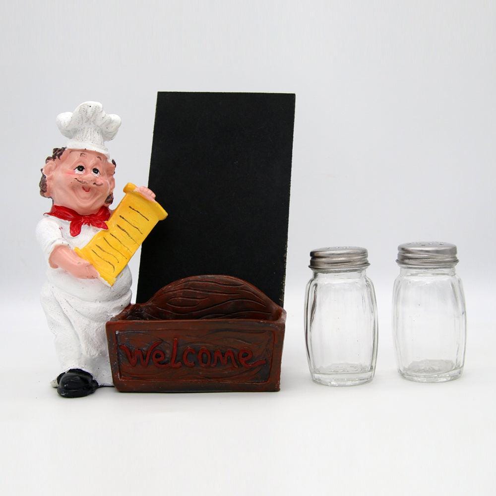 Cute Chef Figurine Resin Salt & Pepper Shakers with Chalkboard Holder Set (Brown Basket)