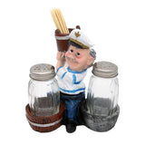 Nautical Sailor Figurine Resin Salt & Pepper Shakers with Toothpick Holder Set (Blue in White Shirt) (Pail)