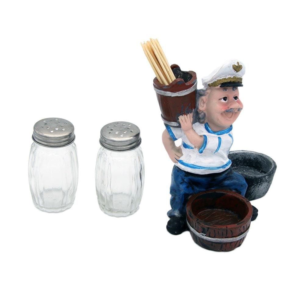 Nautical Sailor Figurine Resin Salt & Pepper Shakers with Toothpick Holder Set (Blue in White Shirt) (Pail)