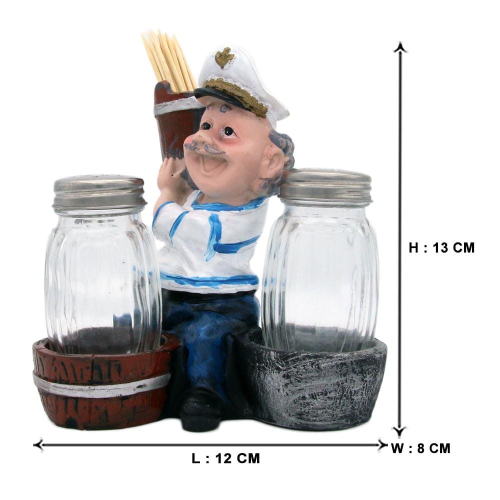 Nautical Sailor Figurine Resin Salt & Pepper Shakers with Toothpick Holder Set (Blue in White Shirt) (Pail)