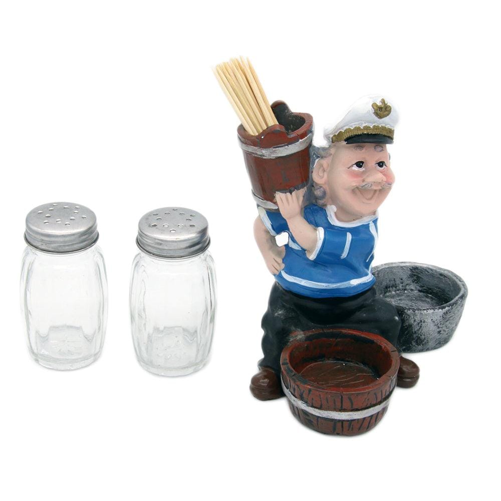Nautical Sailor Figurine Resin Salt & Pepper Shakers with Toothpick Holder Set (White in Blue Shirt) (Barrel)