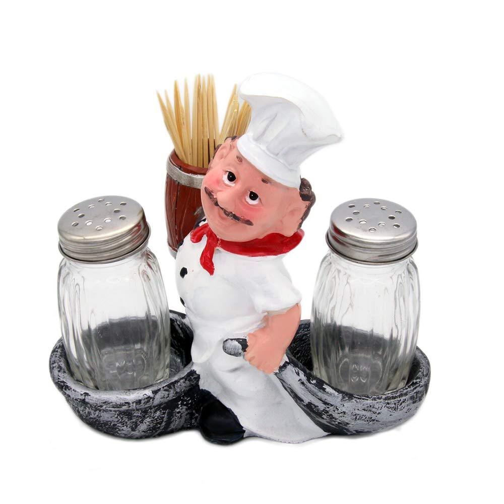 Foodie Chef Figurine Resin Salt & Pepper Shakers with Toothpick Holder Set