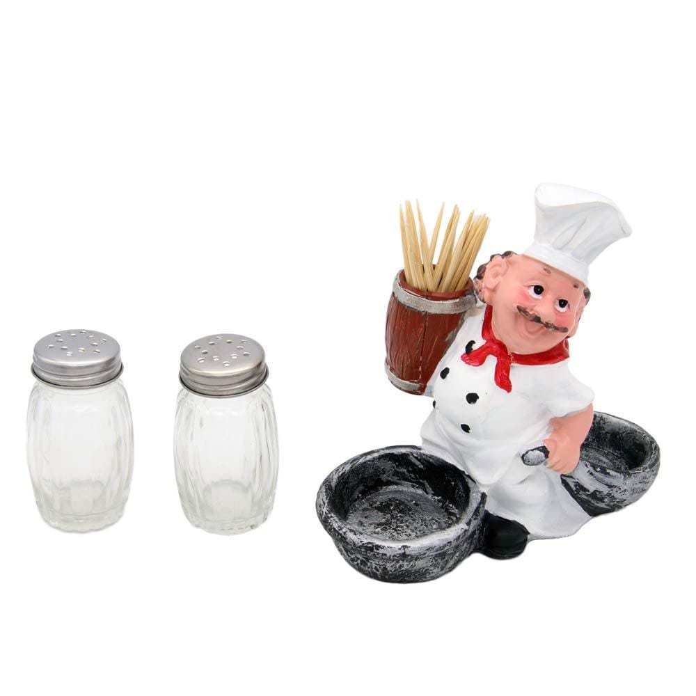 Foodie Chef Figurine Resin Salt & Pepper Shakers with Toothpick Holder Set