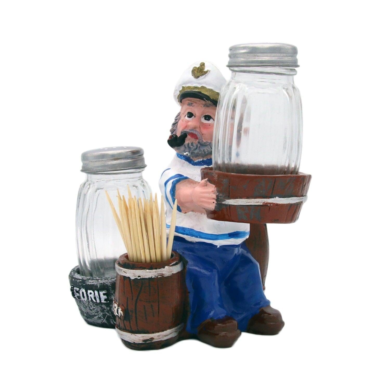 Nautical Sailor Figurine Resin Salt & Pepper Shakers with Toothpick & Napkin Holder Set (Blue in White)
