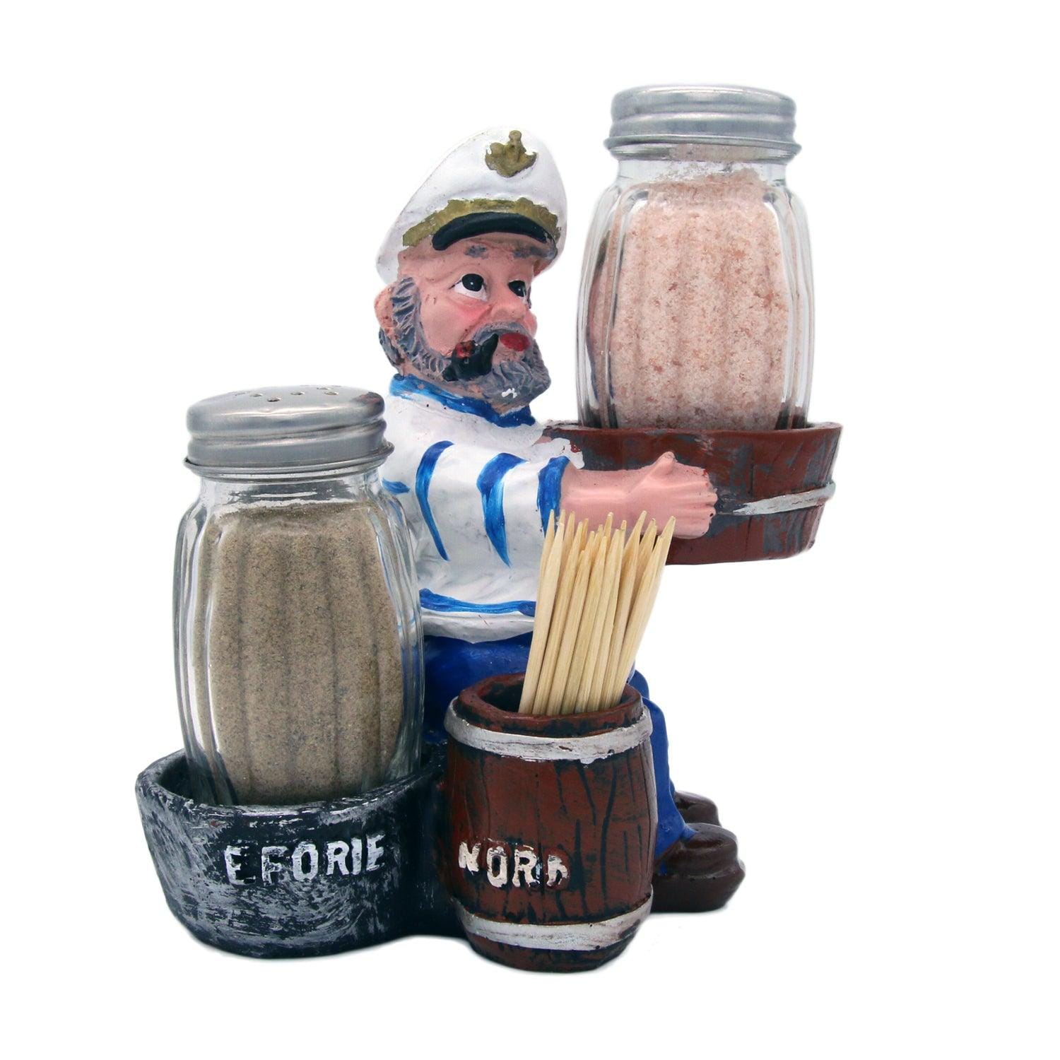 Nautical Sailor Figurine Resin Salt & Pepper Shakers with Toothpick & Napkin Holder Set (Blue in White)