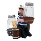 Nautical Sailor Figurine Resin Salt & Pepper Shakers with Toothpick & Napkin Holder Set (White in Blue)