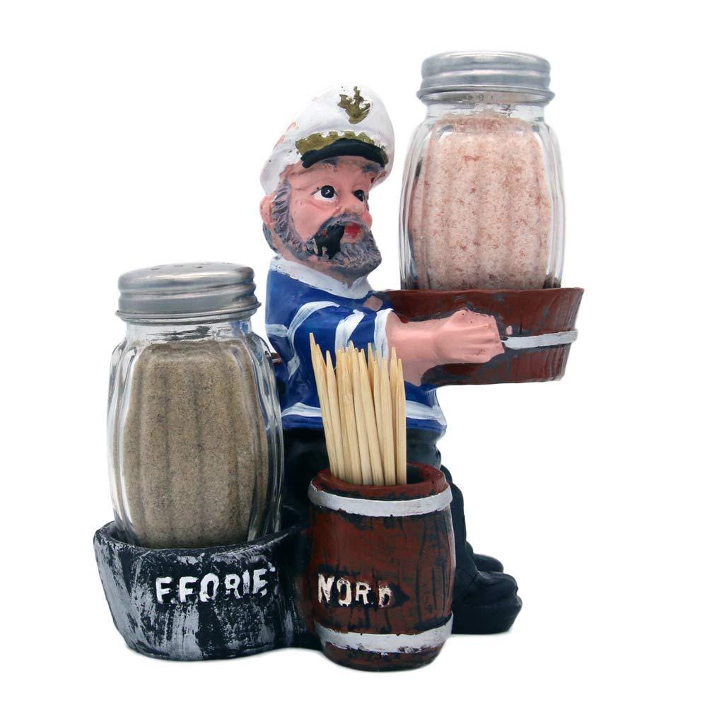Nautical Sailor Figurine Resin Salt & Pepper Shakers with Toothpick & Napkin Holder Set (White in Blue)
