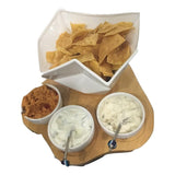 White Ceramic Crooked Serving Bowl with 3 Dip Bowls and Wooden Tray Set