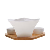 White Ceramic Crooked Serving Bowl with 3 Dip Bowls and Wooden Tray Set