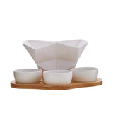 White Ceramic Crooked Serving Bowl with 3 Dip Bowls and Wooden Tray Set