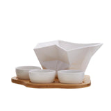 White Ceramic Crooked Serving Bowl with 3 Dip Bowls and Wooden Tray Set