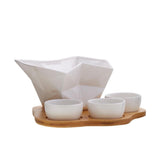 White Ceramic Crooked Serving Bowl with 3 Dip Bowls and Wooden Tray Set
