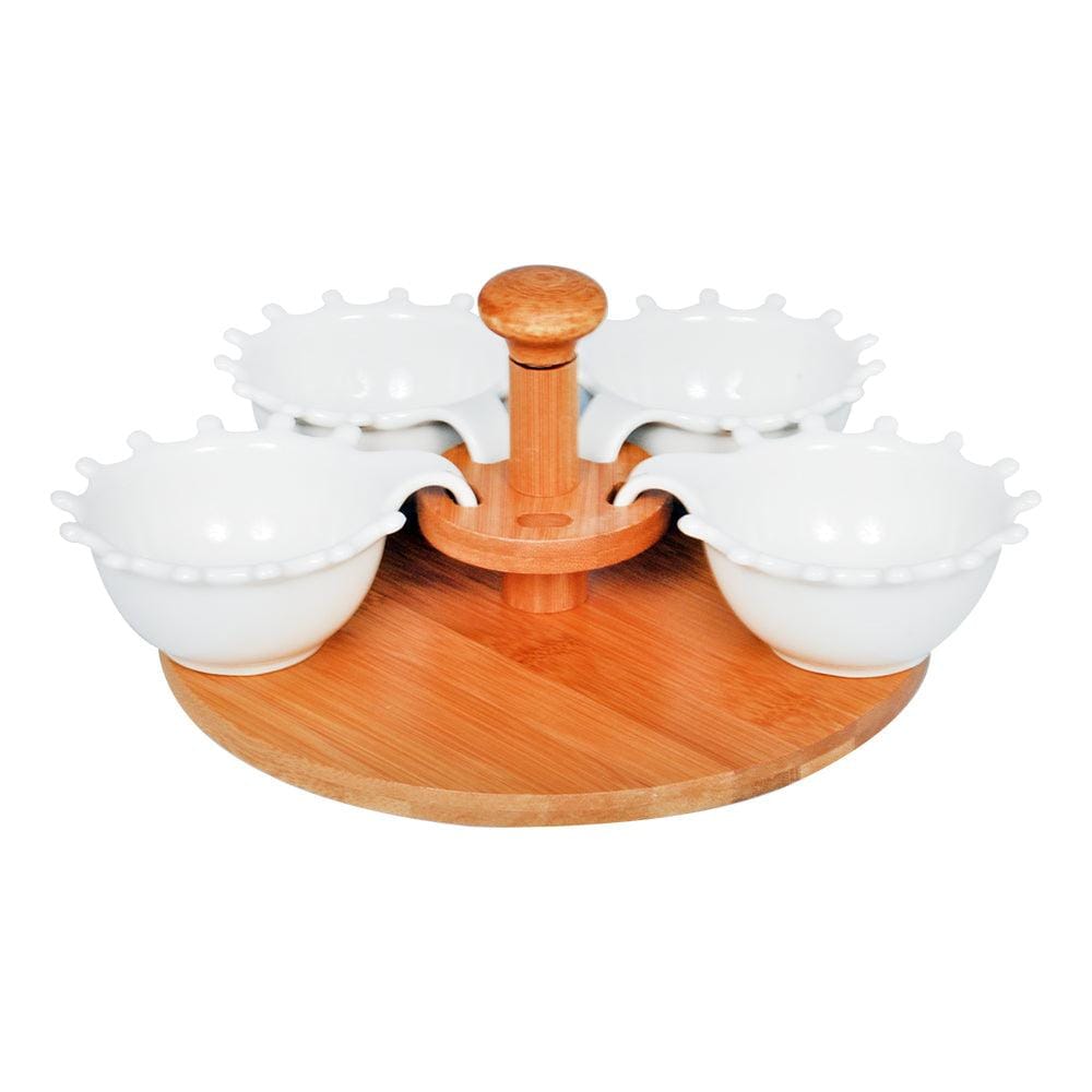 White Ceramic 5 Serving Spoon Bowls & Wooden Tray Set