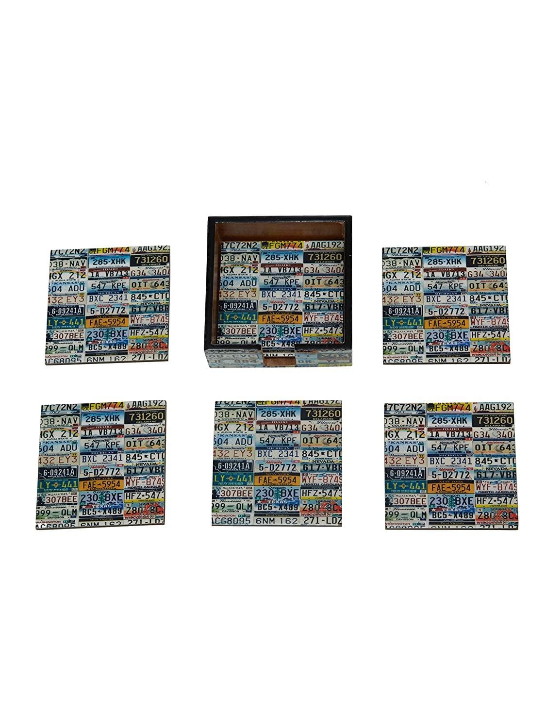 Number Plate - 6 Wooden Coasters with Holder Set (Multicolor)