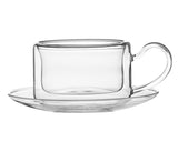 Double Wall Glass Square Tea Cup Set with Saucers (150 ml) (Set of 6)