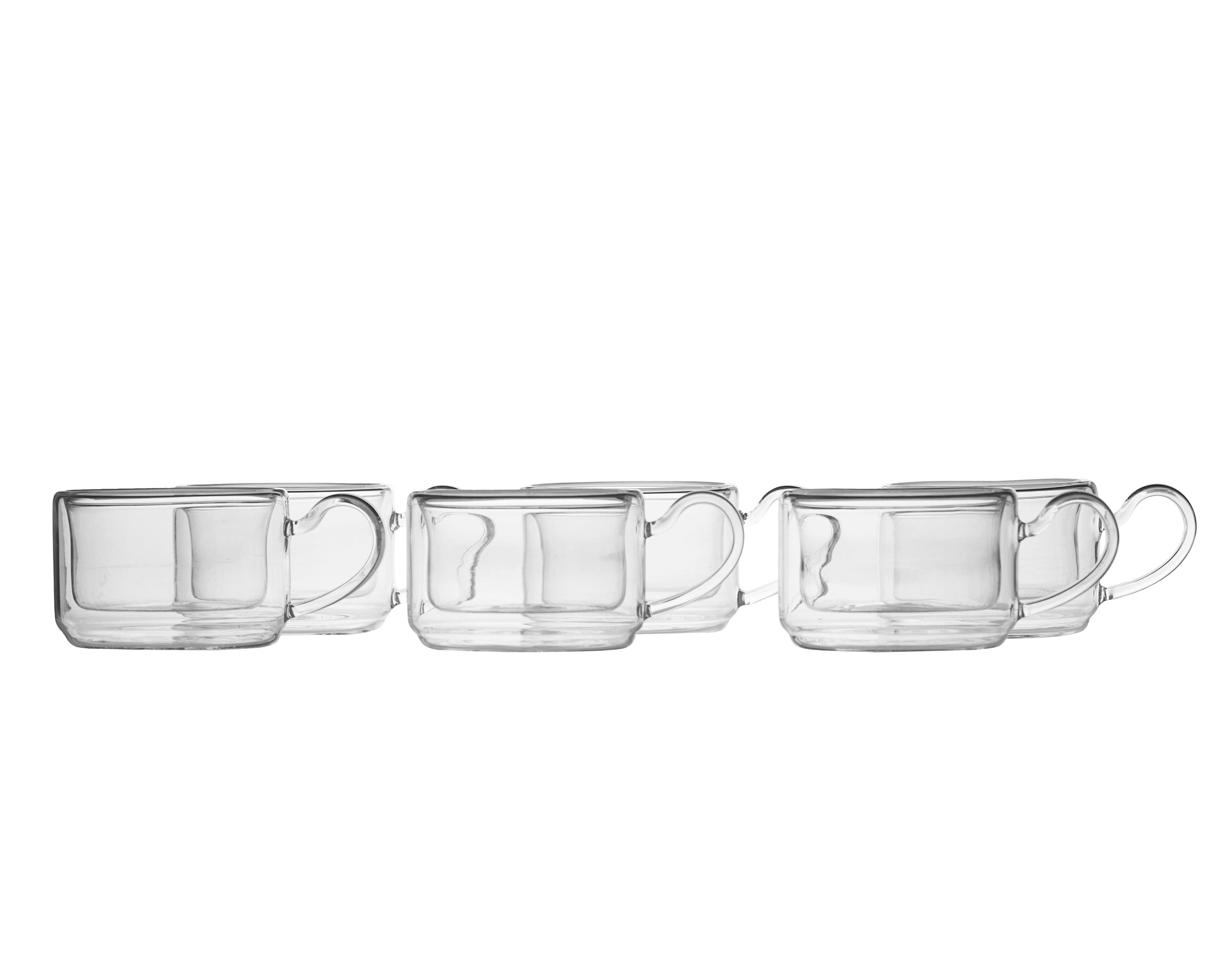 Double Wall Glass Square Tea Cup Set with Saucers (150 ml) (Set of 6)