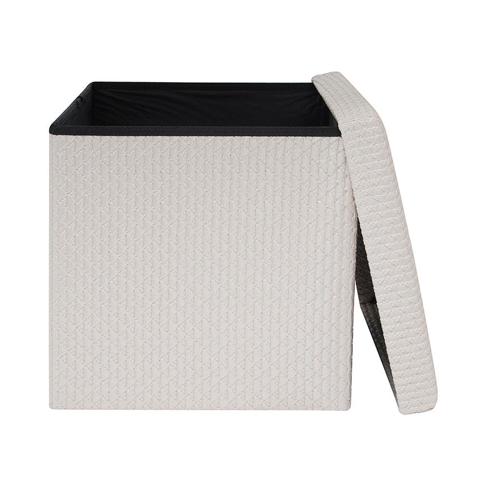 Collapsible Elegant Square PU Leather & MDF Pouf Ottoman (White Design)