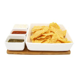 Square Serving Bowl with 3 Dip Bowls and Wooden Tray Set